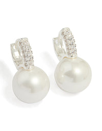 Silver Plated Large Pearl Drop Cubic Zirconia Huggie Earrings - link has visual effect only