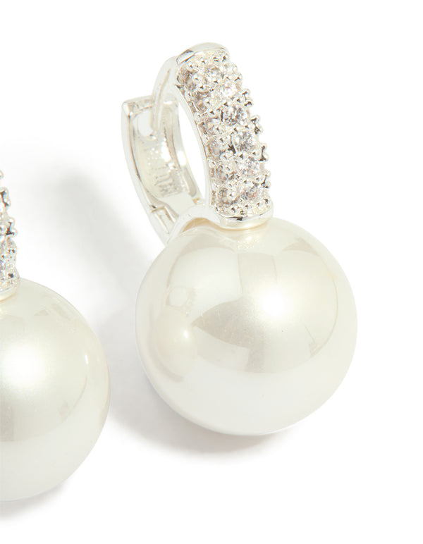Silver Plated Large Pearl Drop Cubic Zirconia Huggie Earrings