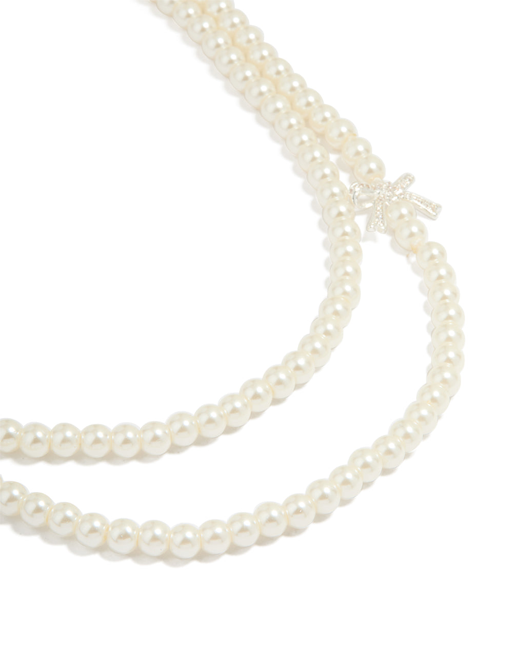 Silver Plated Pearl Strand Bow Layered Necklace