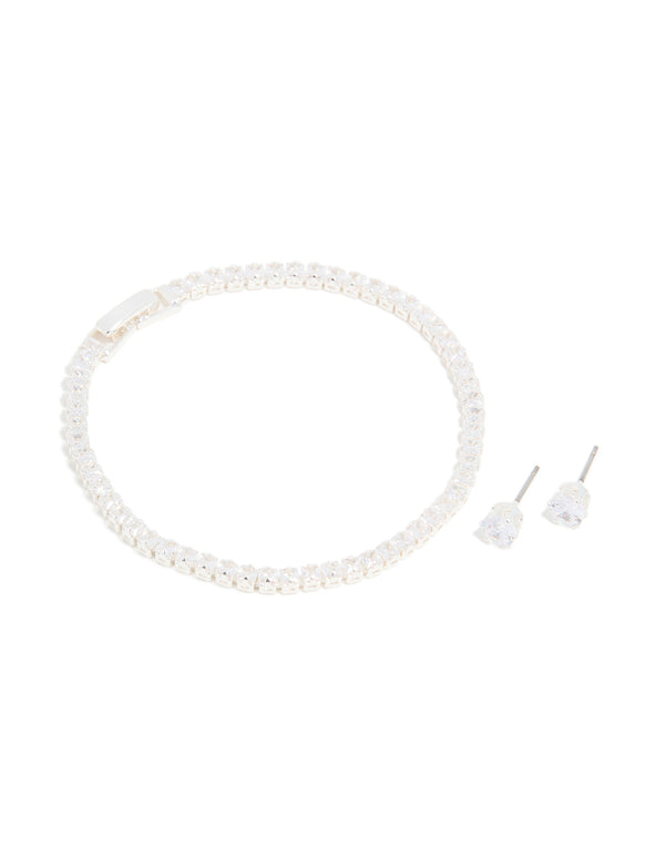 Silver Plated Cubic Zirconia Baguette Tennis Bracelet & Earrings Set