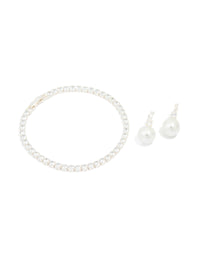 Silver Plated Cubic Zirconia Pearl Earrings & Tennis Bracelet Set - link has visual effect only