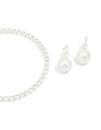 Silver Plated Cubic Zirconia Pearl Earrings & Tennis Bracelet Set - link has visual effect only