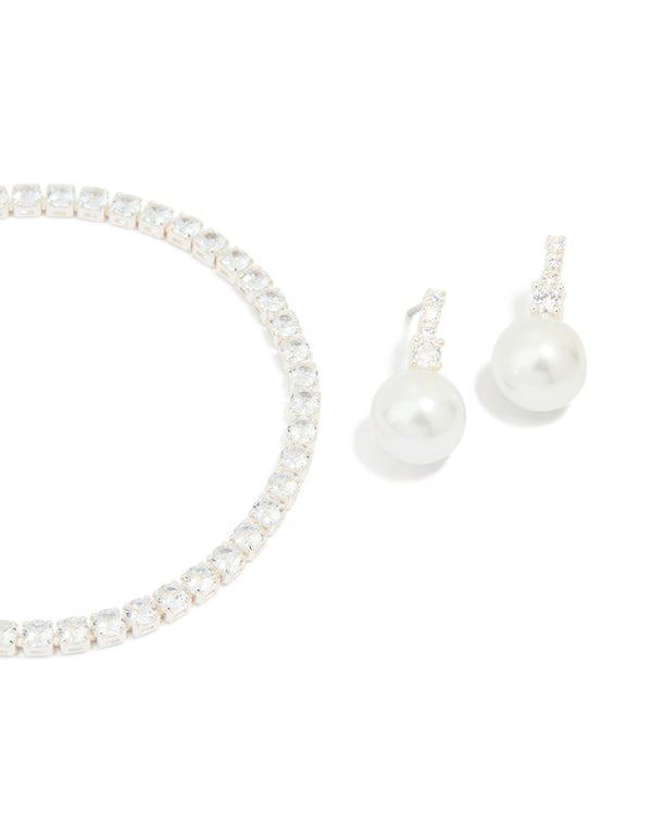 Silver Plated Cubic Zirconia Pearl Earrings & Tennis Bracelet Set