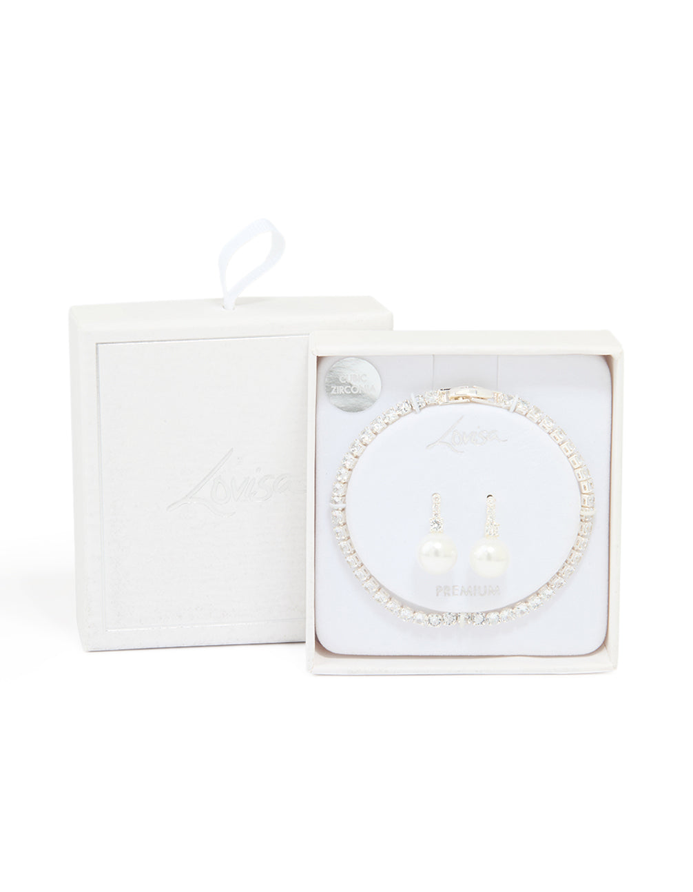 Silver Plated Cubic Zirconia Pearl Earrings & Tennis Bracelet Set