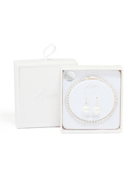 Silver Plated Cubic Zirconia Pearl Earrings & Tennis Bracelet Set - link has visual effect only
