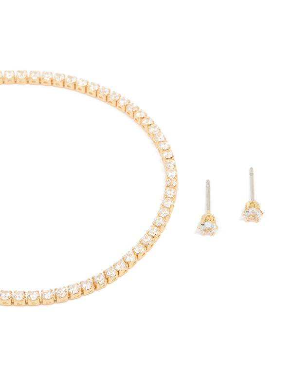 Gold Plated Small Cubic Zirconia Baguette Tennis Bracelet & Earrings Set