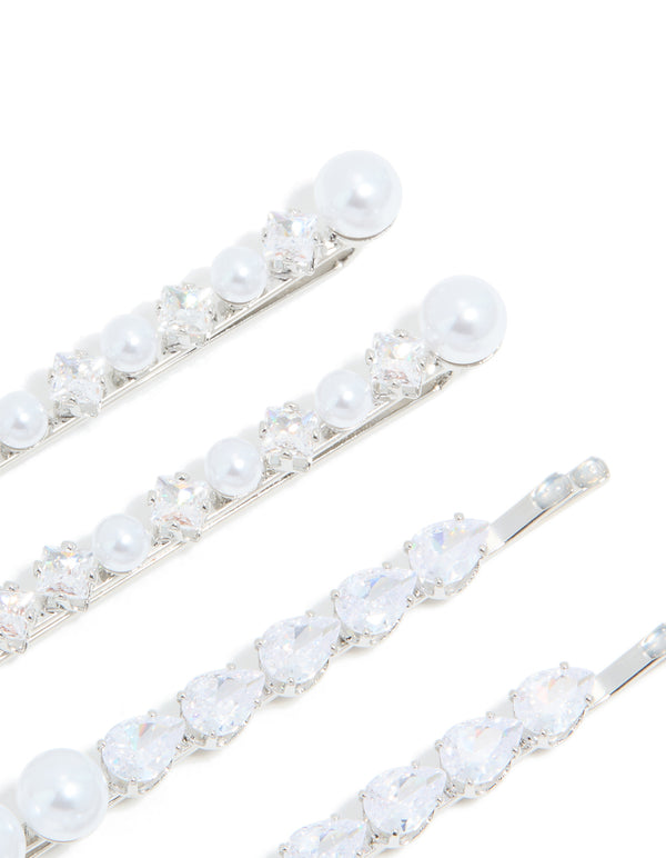 Silver Plated Cubic Zirconia & Pearl Hair Clips 4-Pack