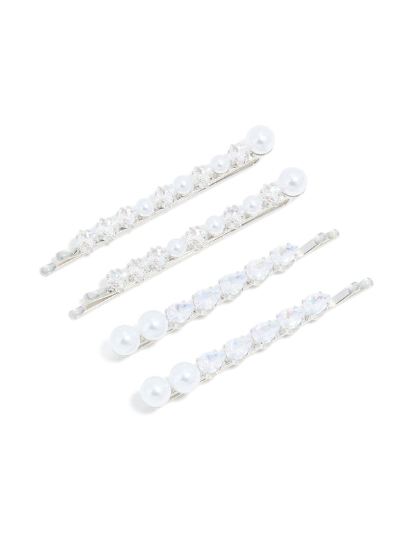 Silver Plated Cubic Zirconia & Pearl Hair Clips 4-Pack
