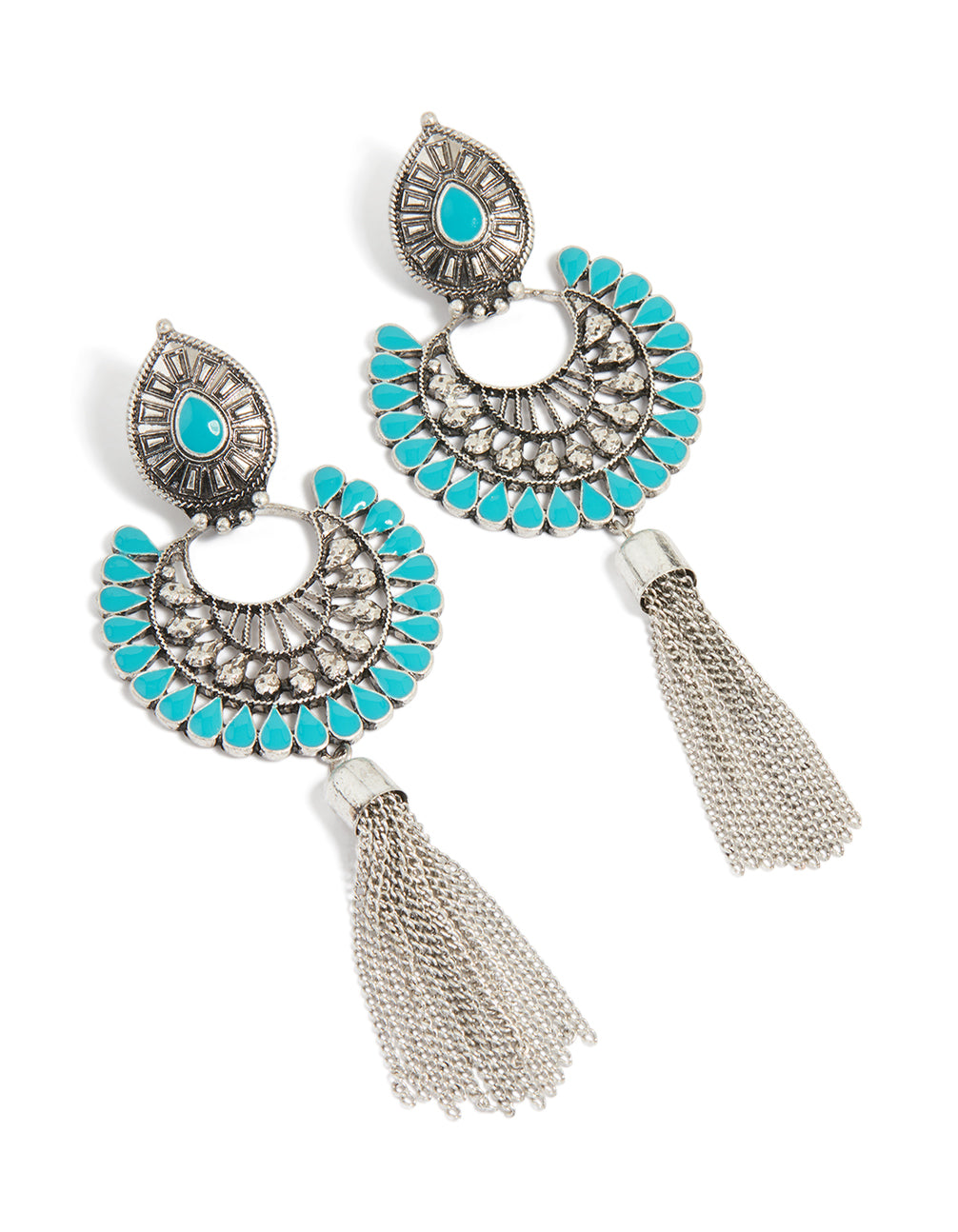 Antique Silver Blue Round Western Tassel Drop Earrings