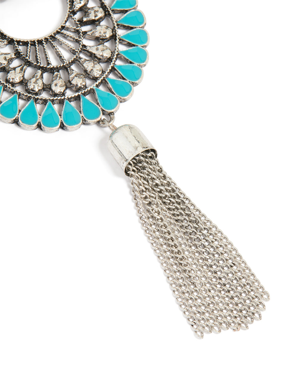 Antique Silver Blue Round Western Tassel Drop Earrings