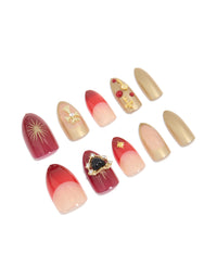 Red Mix Gold Cross  Press On Nail Set - link has visual effect only