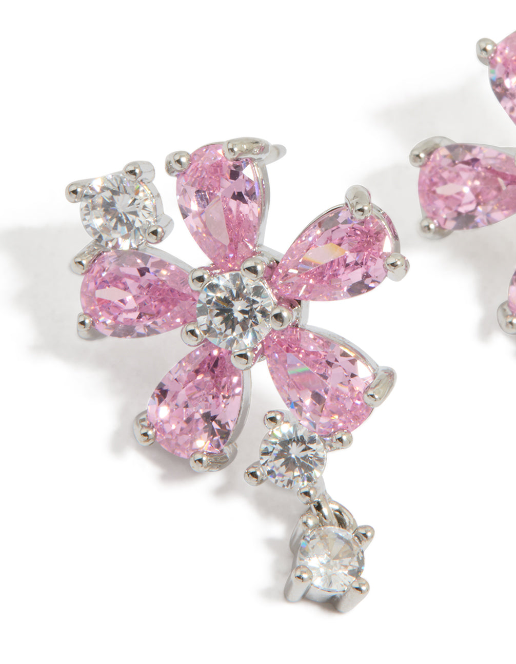 Silver Pink Cubic Zirconia Flower Stud Earrings