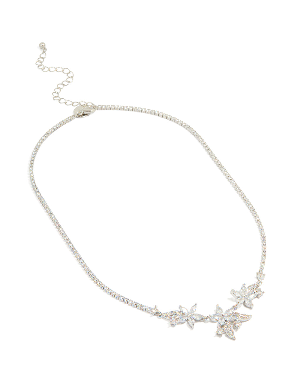 Silver Cubic Zirconia Triple Floral Cluster Necklace