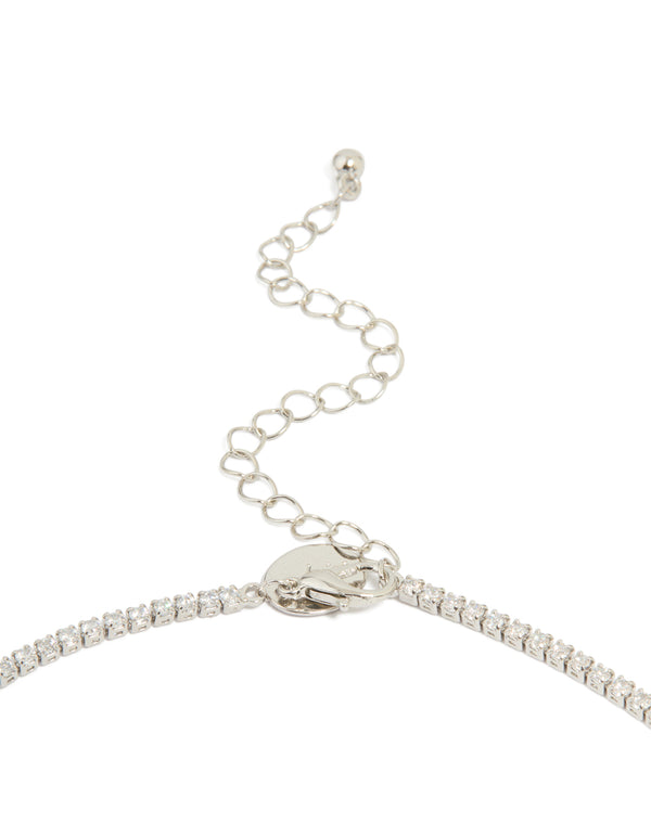 Silver Cubic Zirconia Triple Floral Cluster Necklace