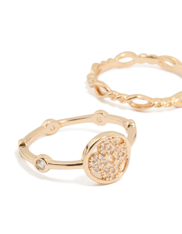 Gold Cubic Zirconia Flower & Textured Stacking Rings 6-Pack