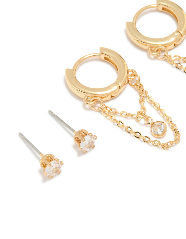 Gold Plated Cubic Zirconia Huggie Chain & Stud Earrings 2-Pack