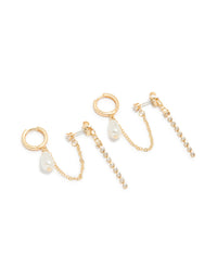 Gold Plated Pearl Chain Huggie & Stud Earrings - link has visual effect only