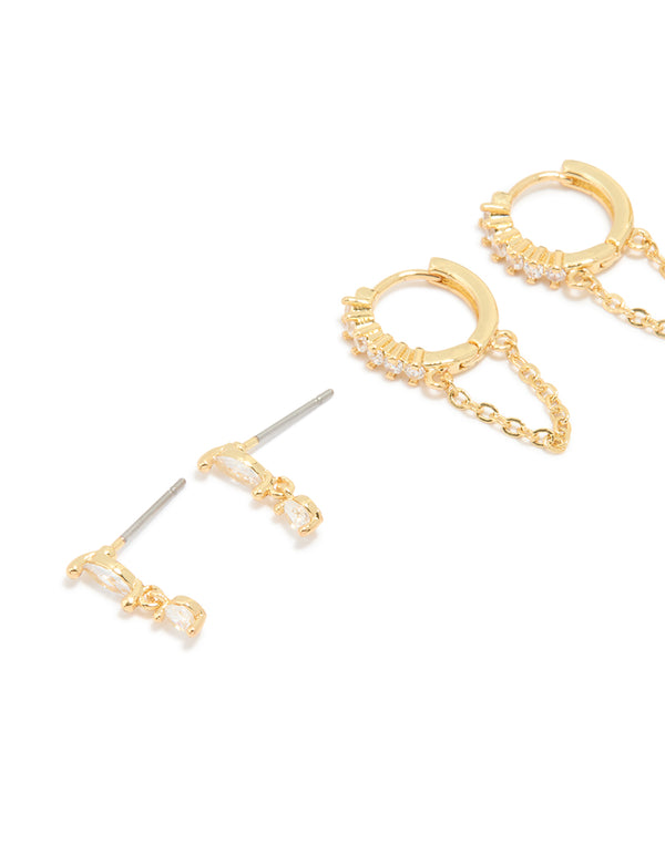 Gold Plated Cubic Zirconia Stud & Chain Huggie Earrings 4-Pack