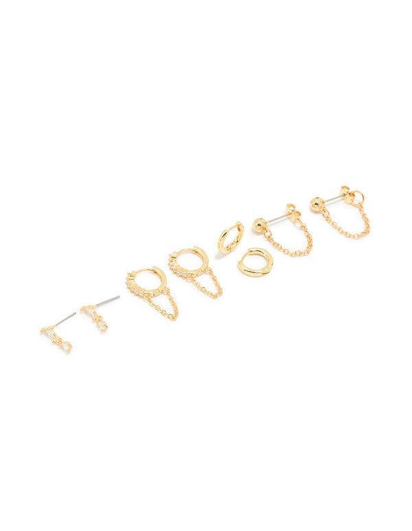 Gold Plated Cubic Zirconia Stud & Chain Huggie Earrings 4-Pack