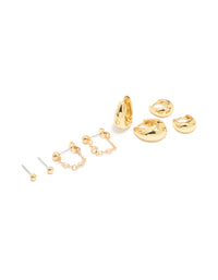 Gold Plated Molten Huggie & Cubic Zirconia Chain Earrings 4-Pack - link has visual effect only