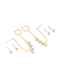 Gold Plated Chain Cubic Zirconia Chain Pull Through Earrings & Studs 3-Pack - link has visual effect only