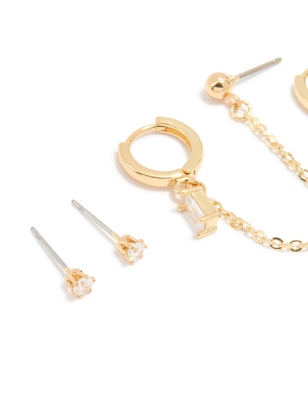 Gold Plated Baguette Huggie & Chain Earrings 4-Pack