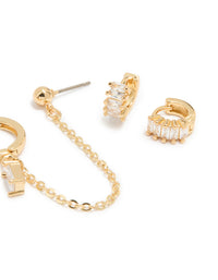 Gold Plated Baguette Huggie & Chain Earrings 4-Pack - link has visual effect only