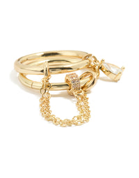 Gold Cubic Zirconia Pear Drop Chain Ring - link has visual effect only