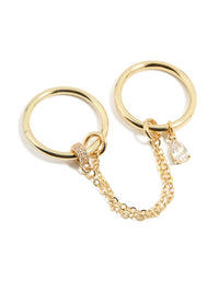 Gold Cubic Zirconia Pear Drop Chain Ring - link has visual effect only