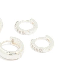 Silver Plated Brass Mini Cubic Zirconia & Plain Huggie Earrings 2-Pack - link has visual effect only