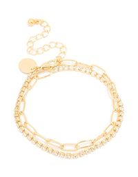 Gold Plated Rectangle Open Link Cubic Zirconia Bracelet - link has visual effect only