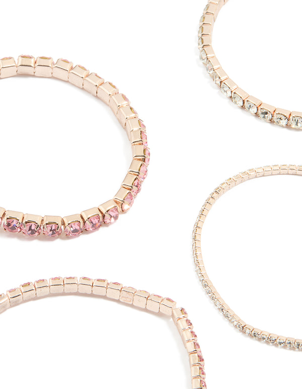 Rose Gold Pink & Clear Diamante Cup Chain Stretch Bracelets 5-Pack