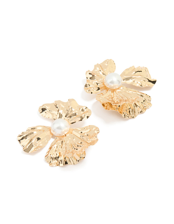 Gold Pearl Centre Molten Flower Stud Earrings