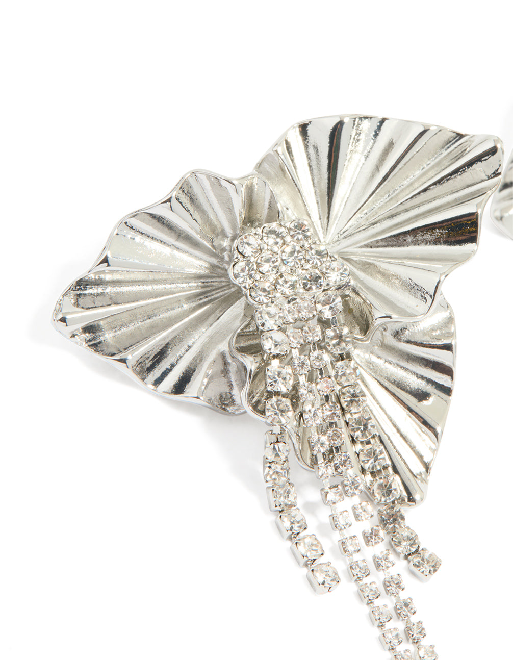 Silver Diamante Flower Cupchain Stud Earrings