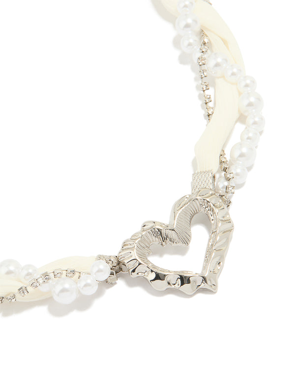Silver Fabric Pearl Heart Pendant Necklace