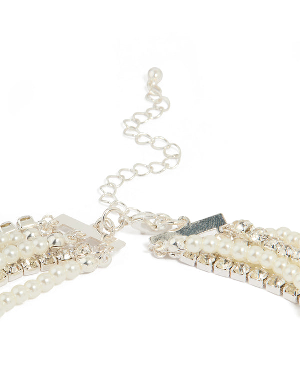 Silver Pearl Diamante Layered Choker Necklace