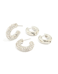 Silver Diamante Hoop & Smooth Huggie Earrings 2-Pack - link has visual effect only