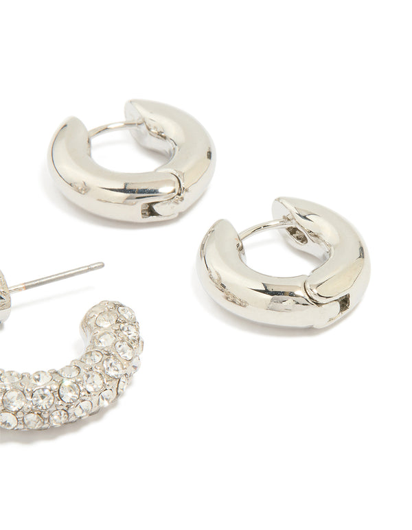 Silver Diamante Hoop & Smooth Huggie Earrings 2-Pack
