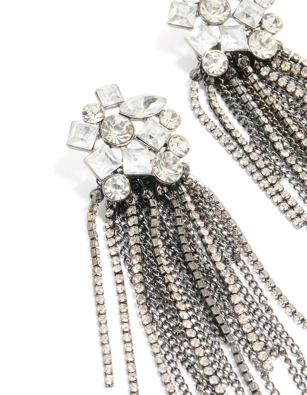 Gunmetal Diamante Organic Cut Fringe Earrings