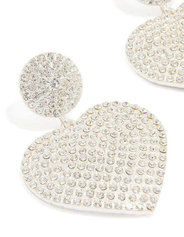 Silver Diamante Heart Drop Stud Earrings