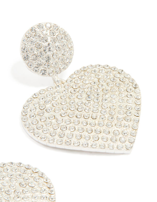 Silver Diamante Heart Drop Stud Earrings
