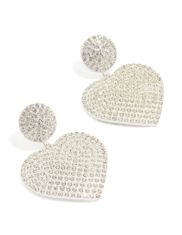 Silver Diamante Heart Drop Stud Earrings