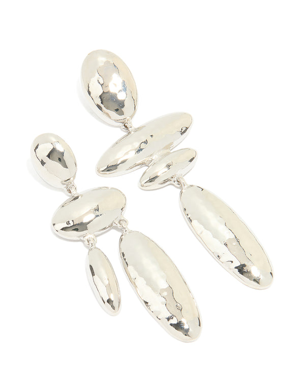 Silver Matte Hammered Oval Drop Earrings