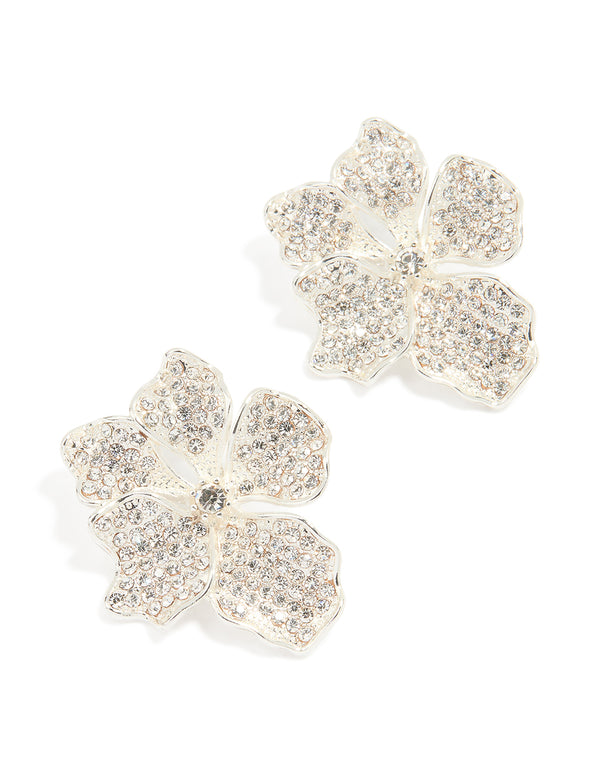Silver Diamante Flower Stud Earrings