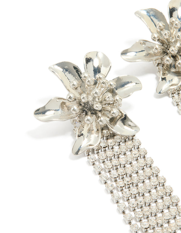 Silver Diamante Flower Drop Fringe Earrings