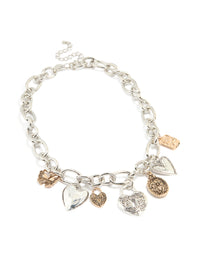 Mixed Metal Thick Chain Heart & Lock Charm Necklace - link has visual effect only
