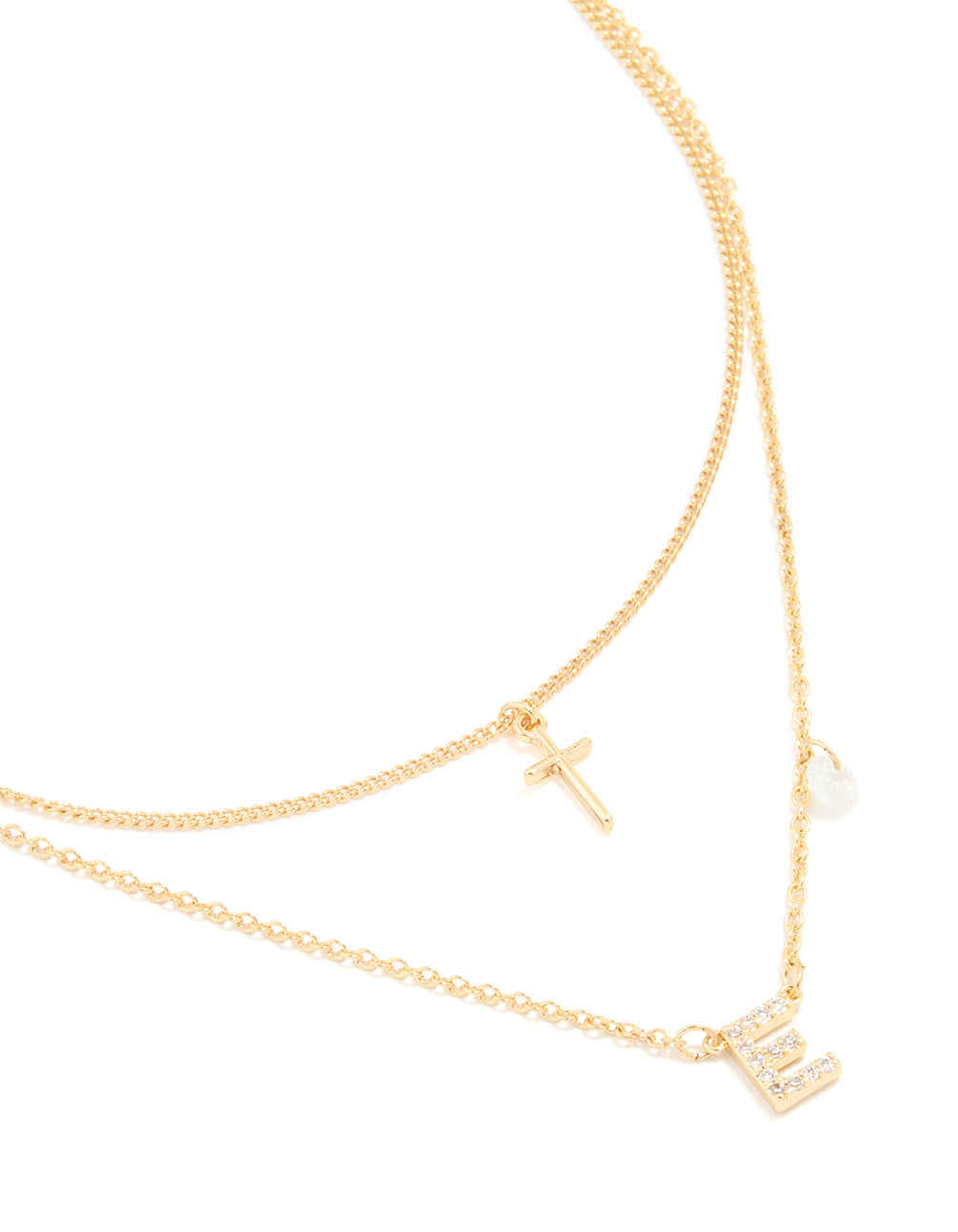 Gold Plated Cubic Zirconia Cross Letter E Layered Necklace