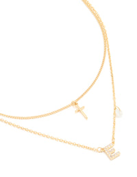 Gold Plated Cubic Zirconia Cross Letter E Layered Necklace - link has visual effect only