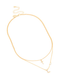 Gold Plated Cubic Zirconia Cross Letter L Layered Necklace - link has visual effect only