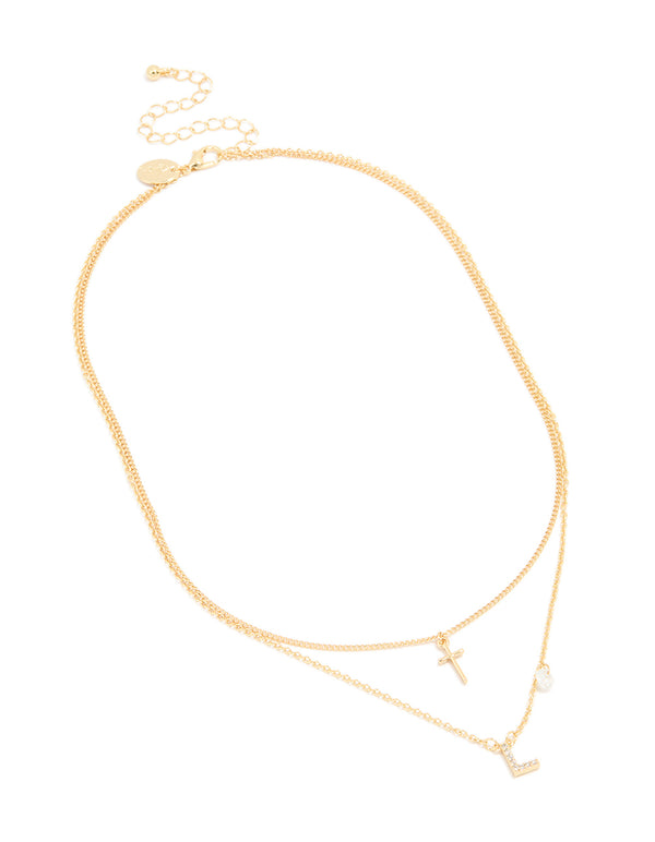 Gold Plated Cubic Zirconia Cross Letter L Layered Necklace